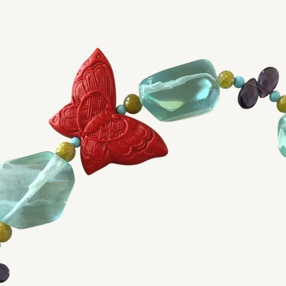 Vintage Aqua Lucite Bead Necklace Red Butterfly Statement Chunky Retro Boho